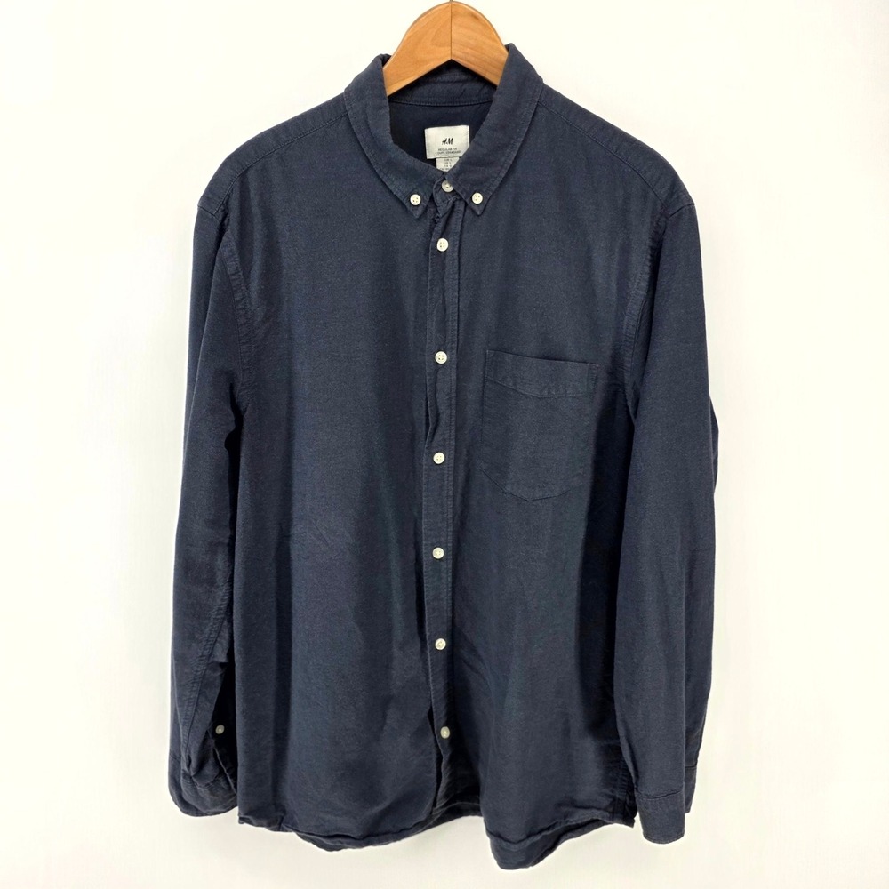 H&M Button Down Shirt Mens L Navy Blue Regular Fit Long Sleeve Casual Top